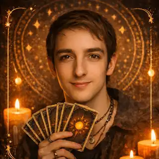 The person behind The Oneness Reader holding tarot cards.